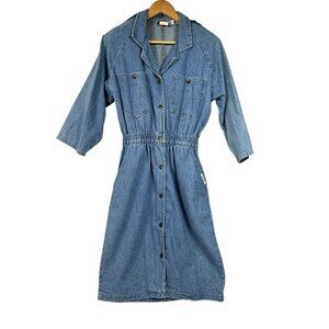 Vintage Ideas Dress Womens M Midi Denim Snap Western Elastic Waist Pockets READ